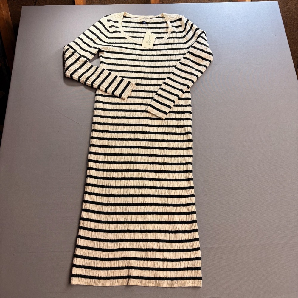 NWT Universal Thread Womens M Cream Black Stripe Knit Midi Sweater Dress